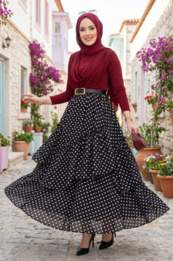 Asymmetrical Cut Polka Dot Hem Edge Skirt Black