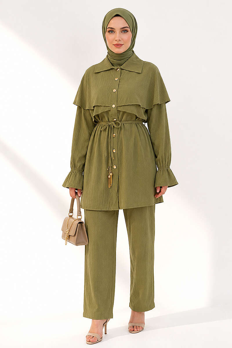 Raincoat with Button Details Two-Piece Set Oil Green - Image 2