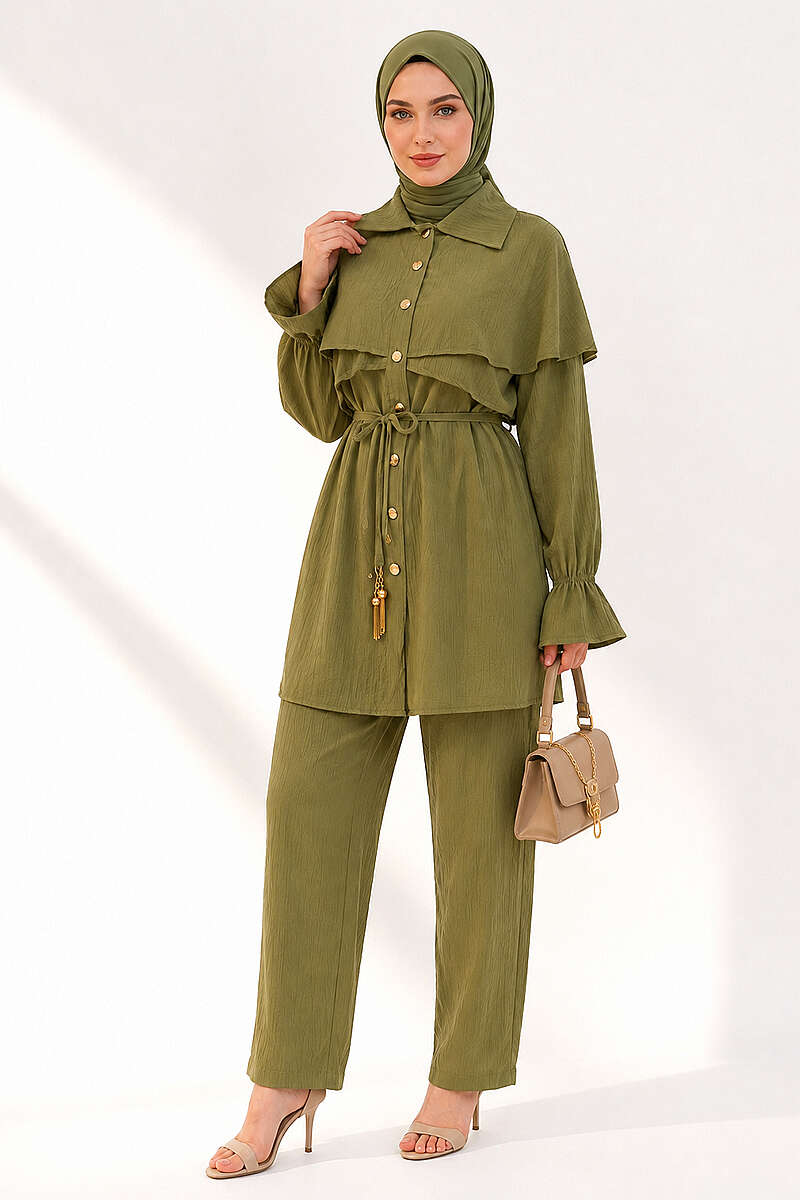 Raincoat with Button Details Two-Piece Set Oil Green
