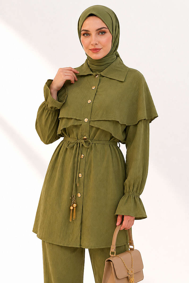 Raincoat with Button Details Two-Piece Set Oil Green - Image 3