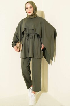 Modal two-piece set with cape detail Khaki