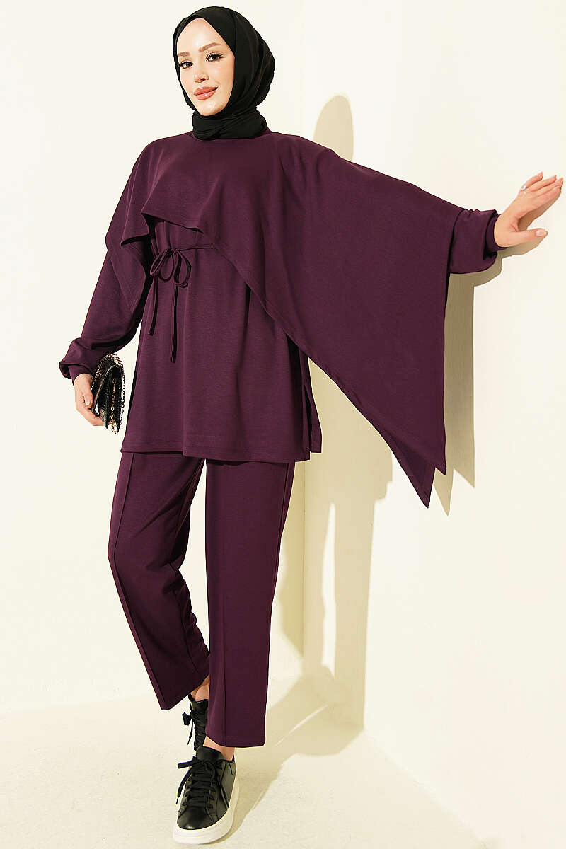 Modal two-piece set with cape detail Plum