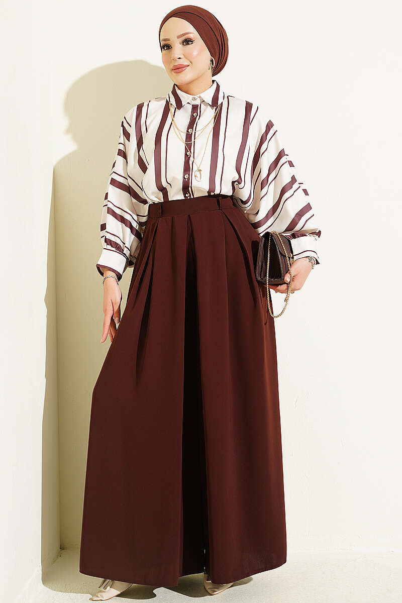 Pile-Detail Wide-Leg Trousers Brown - الصورة 2