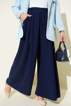Pile-Detail Wide-Leg Trousers Navy Blue