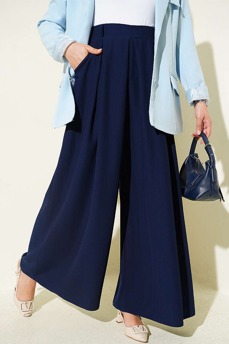 Pile-Detail Wide-Leg Trousers Navy Blue