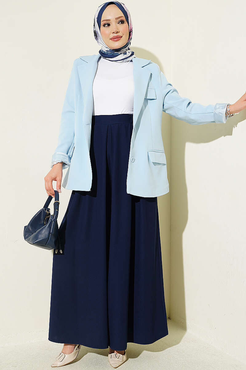Pile-Detail Wide-Leg Trousers Navy Blue - الصورة 2
