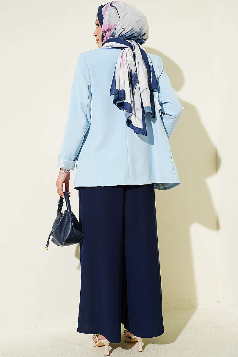 Pile-Detail Wide-Leg Trousers Navy Blue - الصورة 3