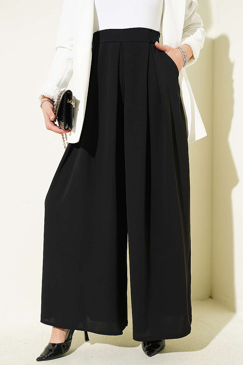 Pile-Detail Wide-Leg Trousers Black