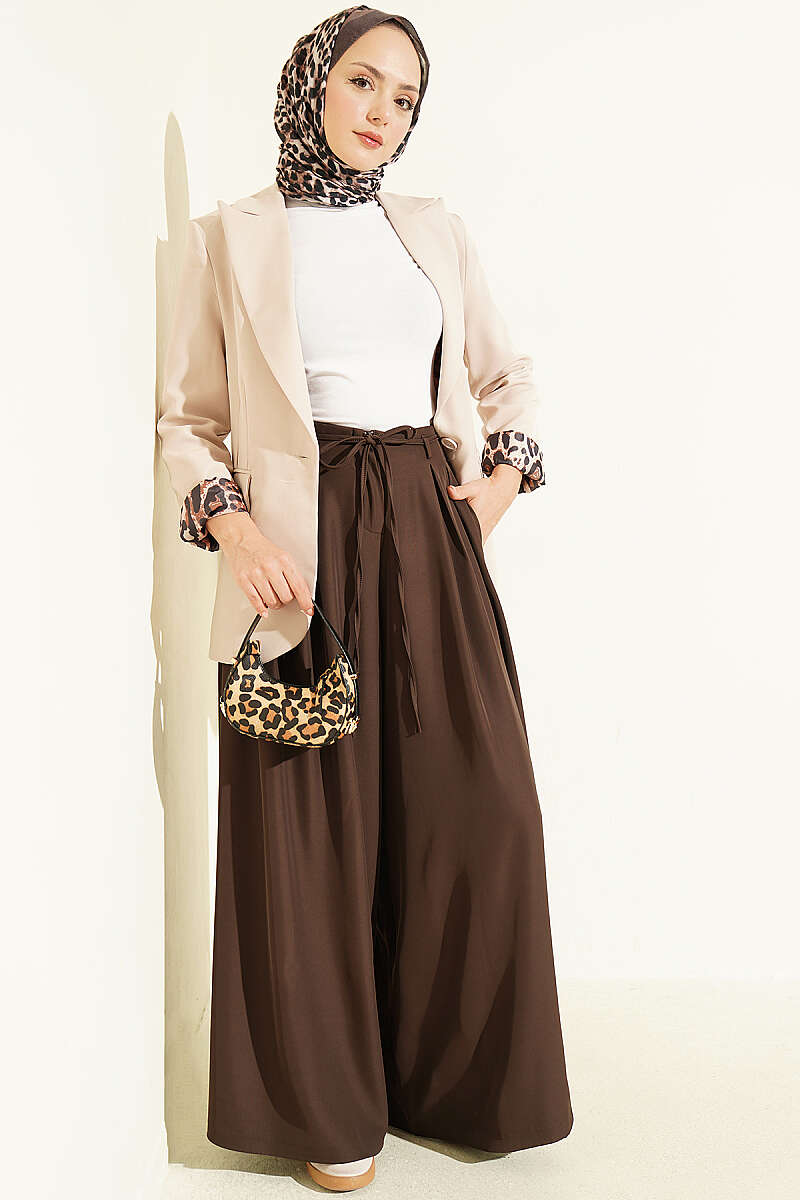 French Terry Jogger Pants with Pile Detail and Drawstring Dark Brown - immagine 2