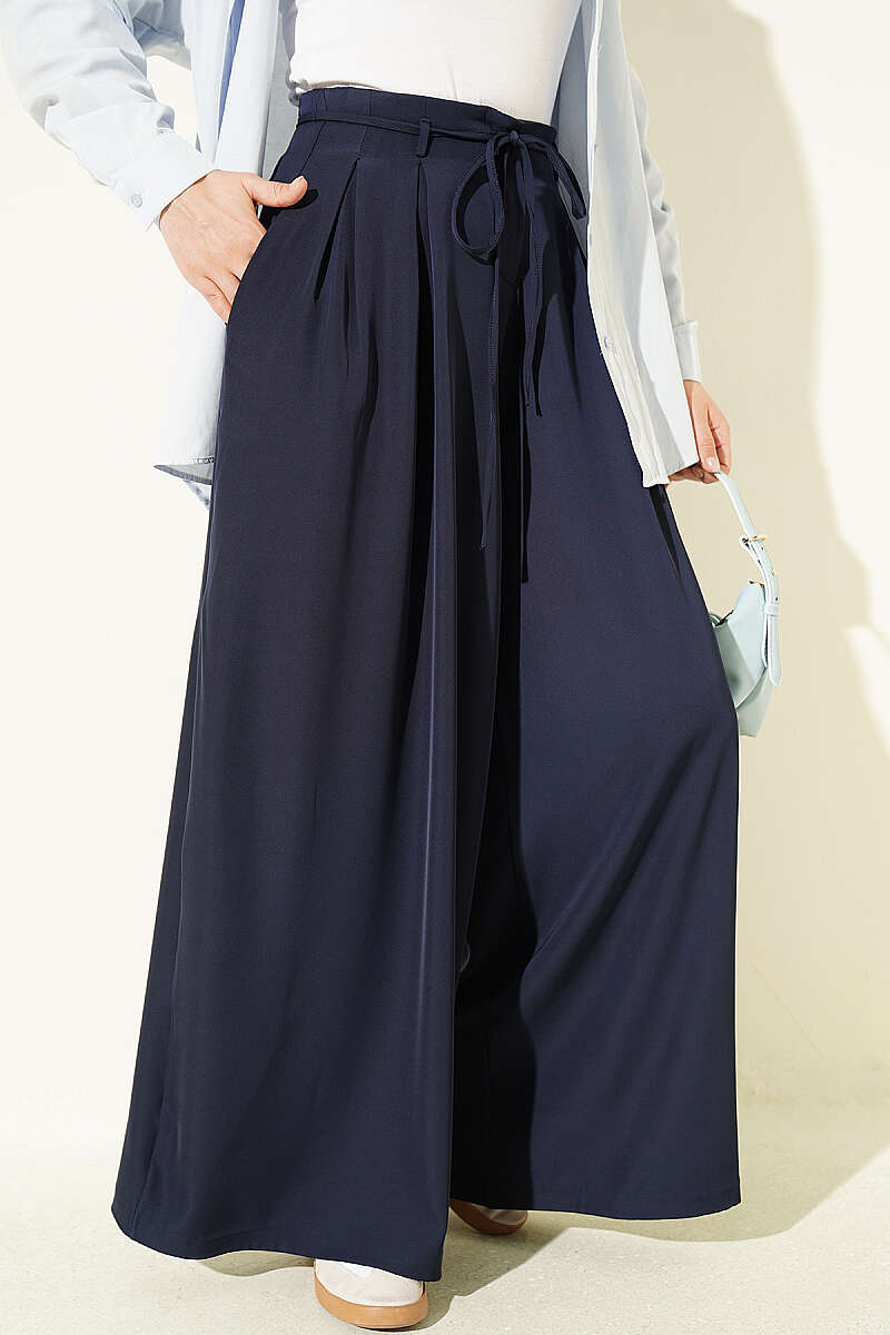 French Terry Jogger Pants with Pile Detail and Drawstring Navy Blue