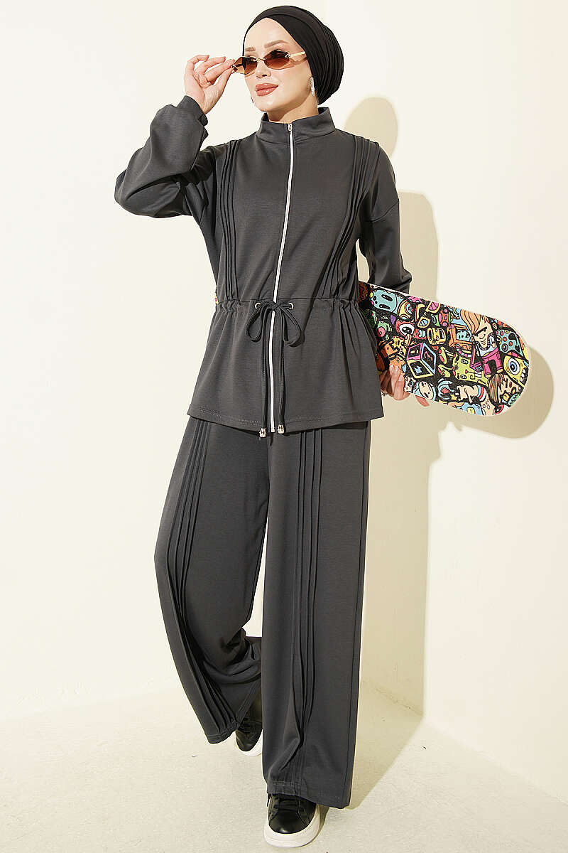 Fleece-Detailed French Terry Two-Piece Set Smoke