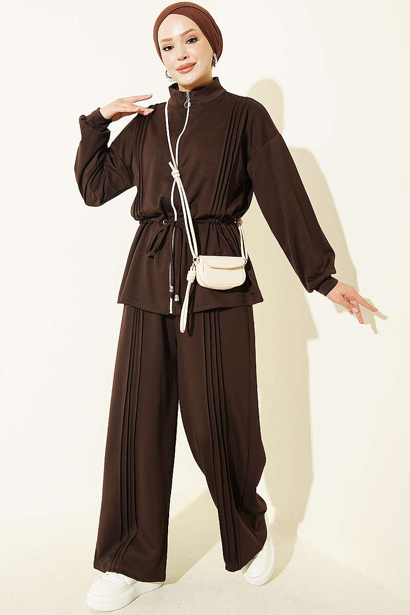 Fleece-Detailed French Terry Two-Piece Set Brown