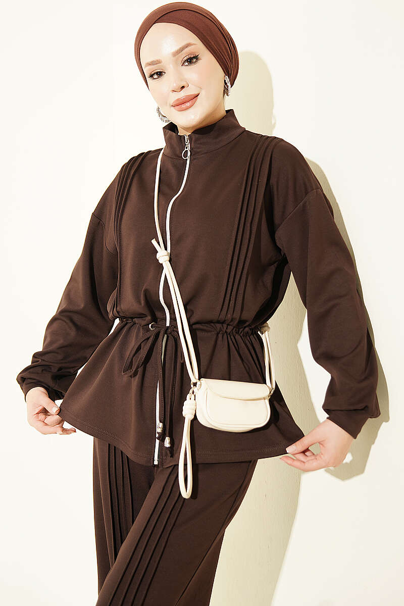 Fleece-Detailed French Terry Two-Piece Set Brown - Imagen 2