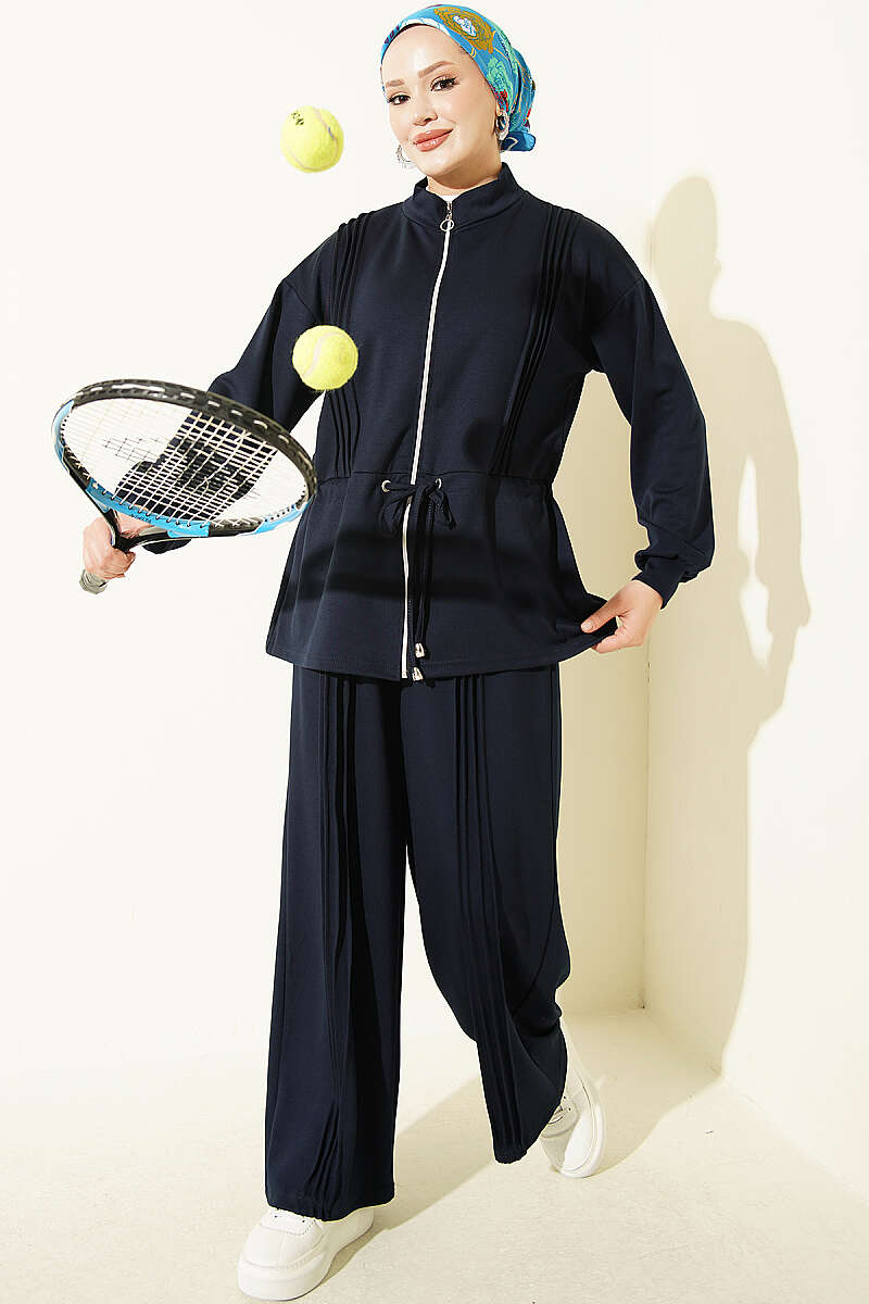 Fleece-Detailed French Terry Two-Piece Set Navy Blue