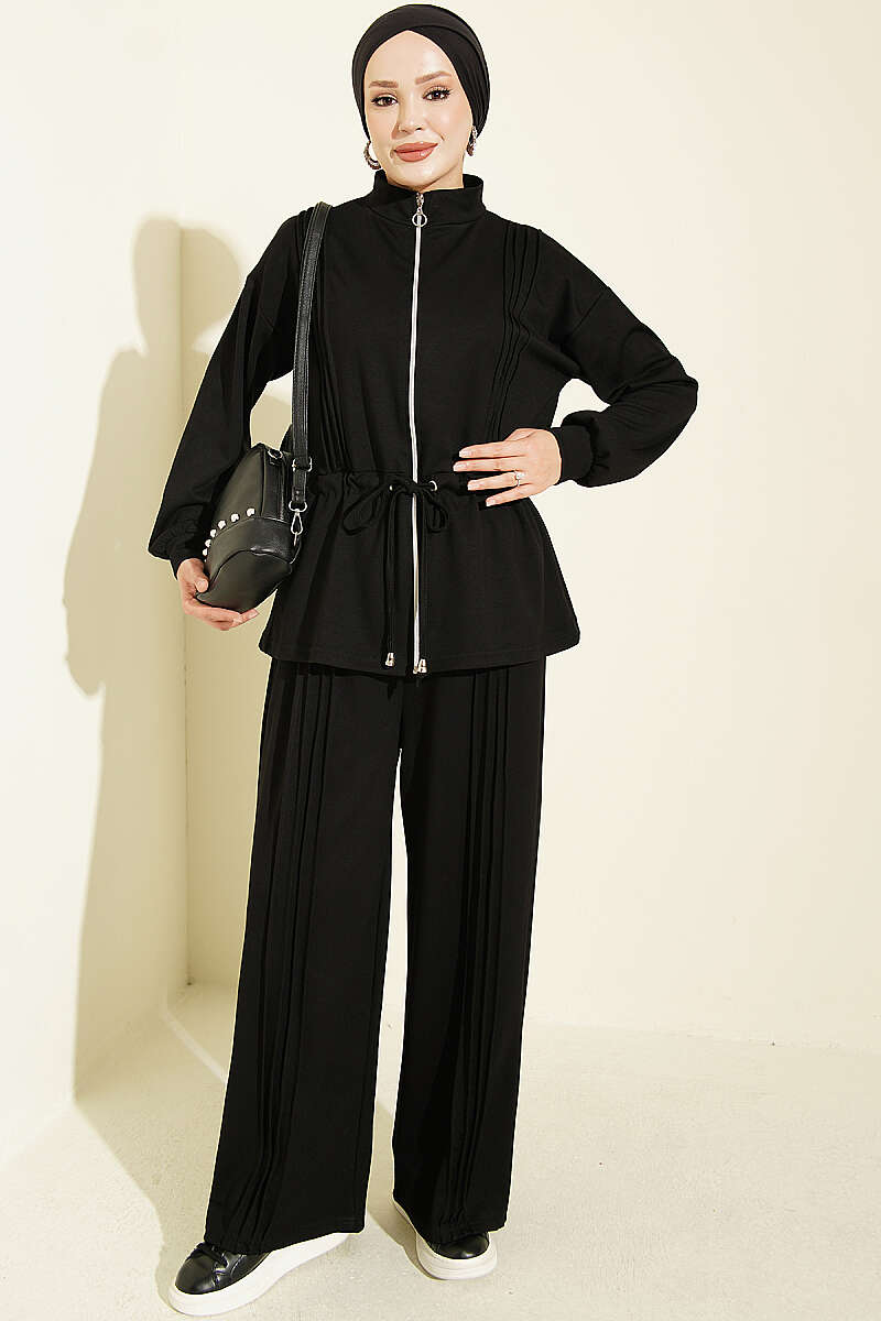 Fleece-Detailed French Terry Two-Piece Set Black