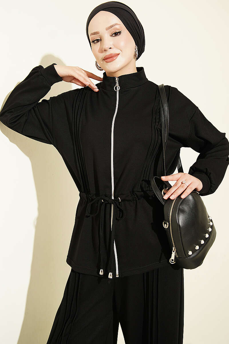 Fleece-Detailed French Terry Two-Piece Set Black - الصورة 2