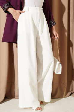 Fleece-Trimmed Palazzo Pants White