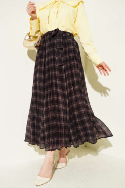 Pleated Belted Checkered Chiffon Skirt Dark Brown