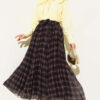 Pleated Belted Checkered Chiffon Skirt Dark Brown – Image 2