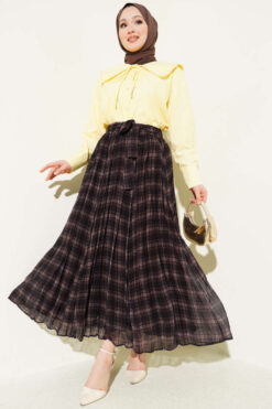 Alternative view of Pleated Belted Checkered Chiffon Skirt Dark Brown