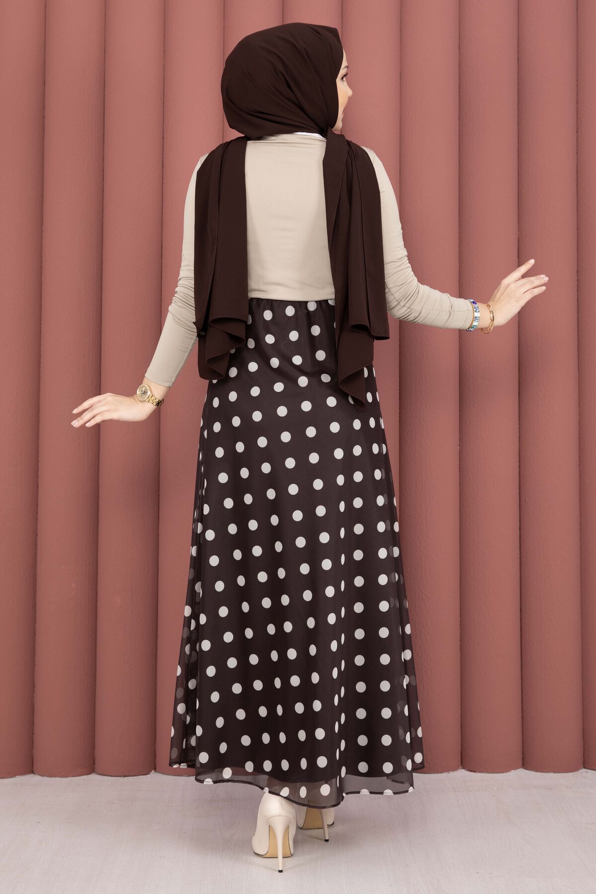 Polka Dot Chiffon Tulle Skirt with Hem Edge Brown – Bild 5