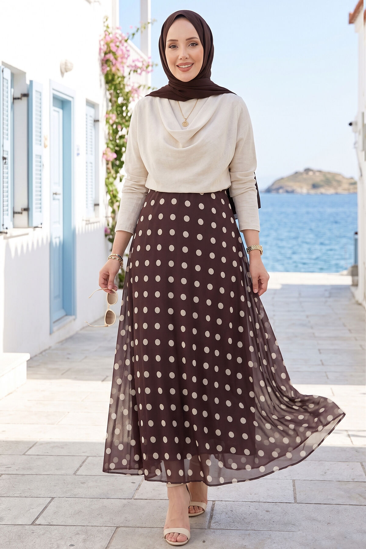 Polka Dot Chiffon Tulle Skirt with Hem Edge Brown