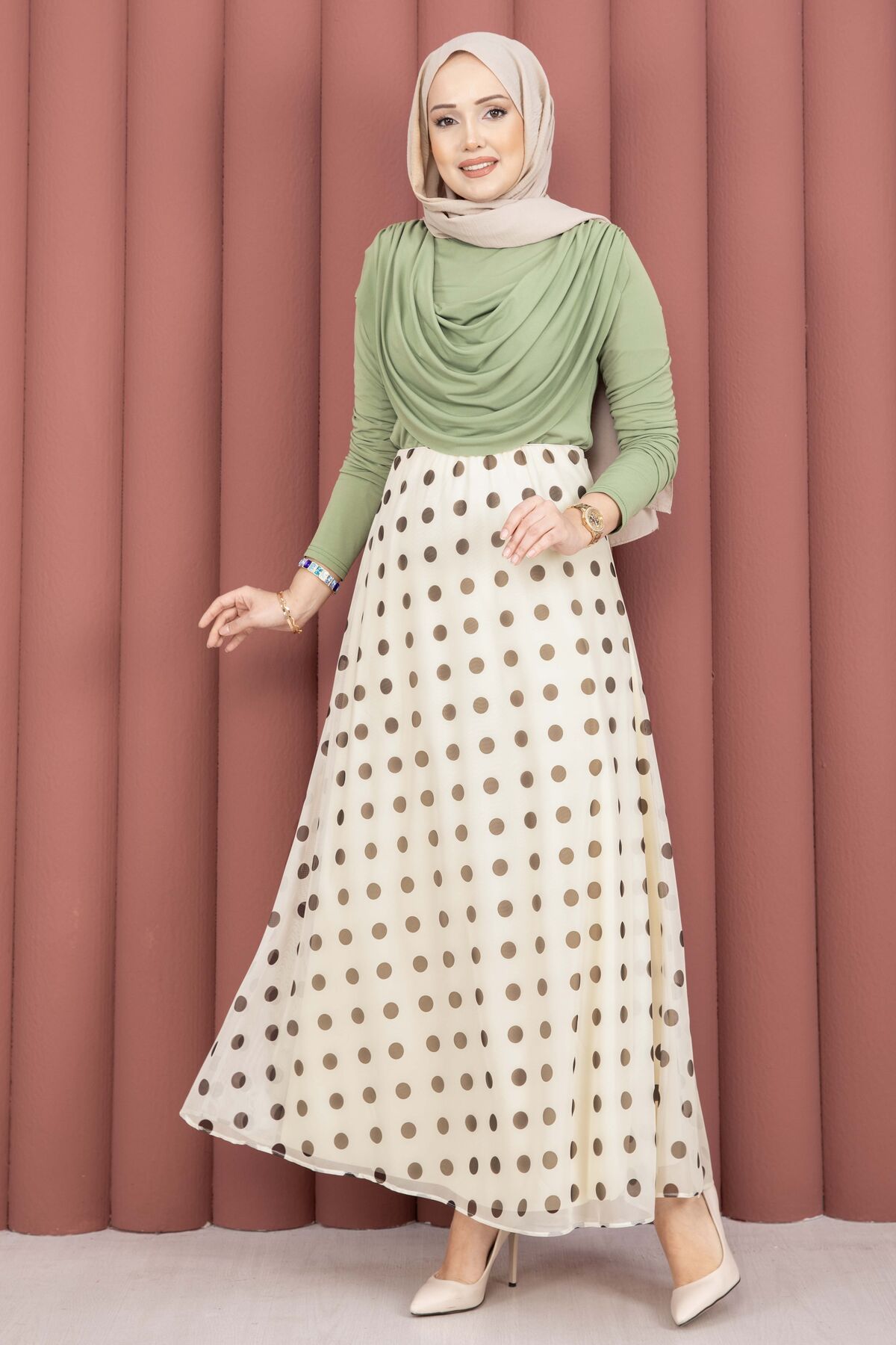 Polka Dot Chiffon Tulle Skirt with Hem Edge Cream - الصورة 3