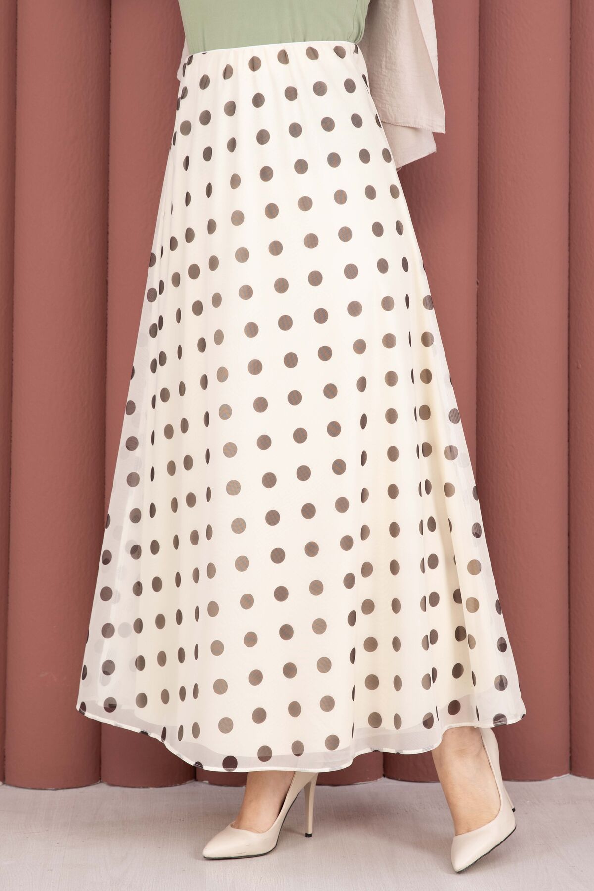 Polka Dot Chiffon Tulle Skirt with Hem Edge Cream - الصورة 2