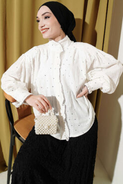 Balloon Sleeve Short Blouse with Detail Ecru