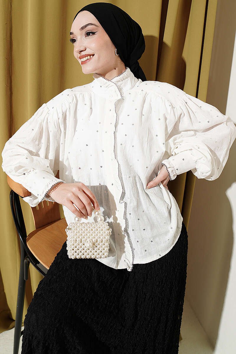 Balloon Sleeve Short Blouse with Detail Ecru