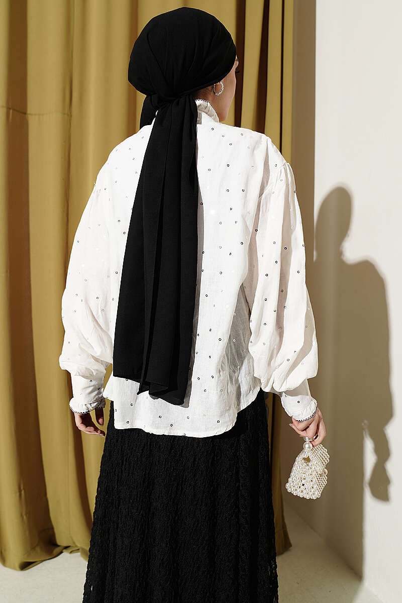 Balloon Sleeve Short Blouse with Detail Ecru - Imagen 3