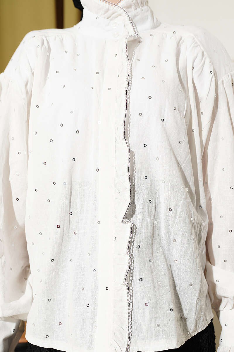 Balloon Sleeve Short Blouse with Detail Ecru - Imagen 4