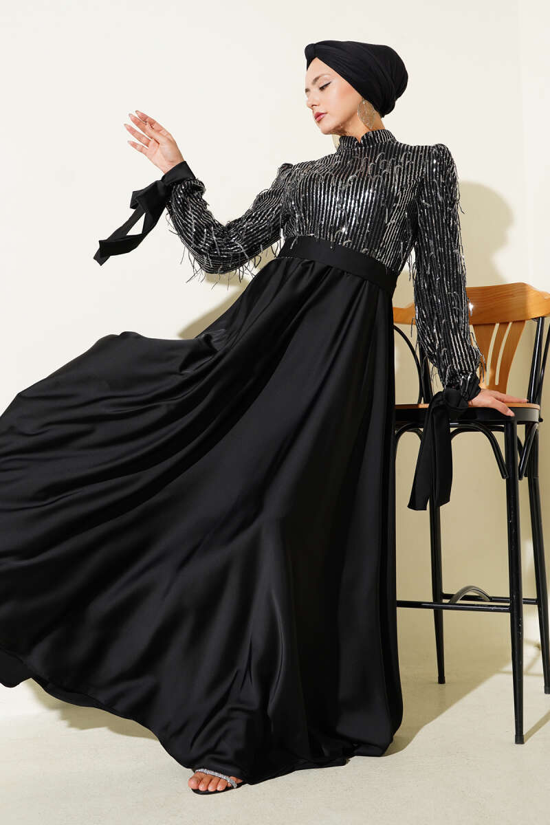 Sequin Sleeve Tie Waist Evening Dress Black
