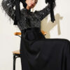 Sequin Sleeve Tie Waist Evening Dress Black - الصورة 2