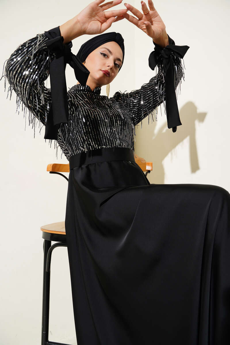 Sequin Sleeve Tie Waist Evening Dress Black - الصورة 2
