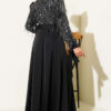 Sequin Sleeve Tie Waist Evening Dress Black - الصورة 3