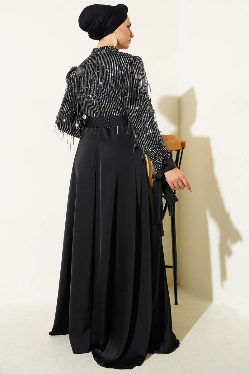 Sequin Sleeve Tie Waist Evening Dress Black - الصورة 3
