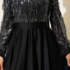 Sequin Sleeve Tie Waist Evening Dress Black - الصورة 4