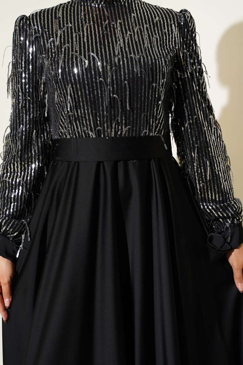 Sequin Sleeve Tie Waist Evening Dress Black - الصورة 4