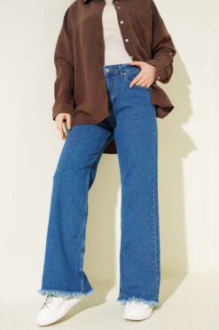 Fringed Hem Denim Pants Medium Blue