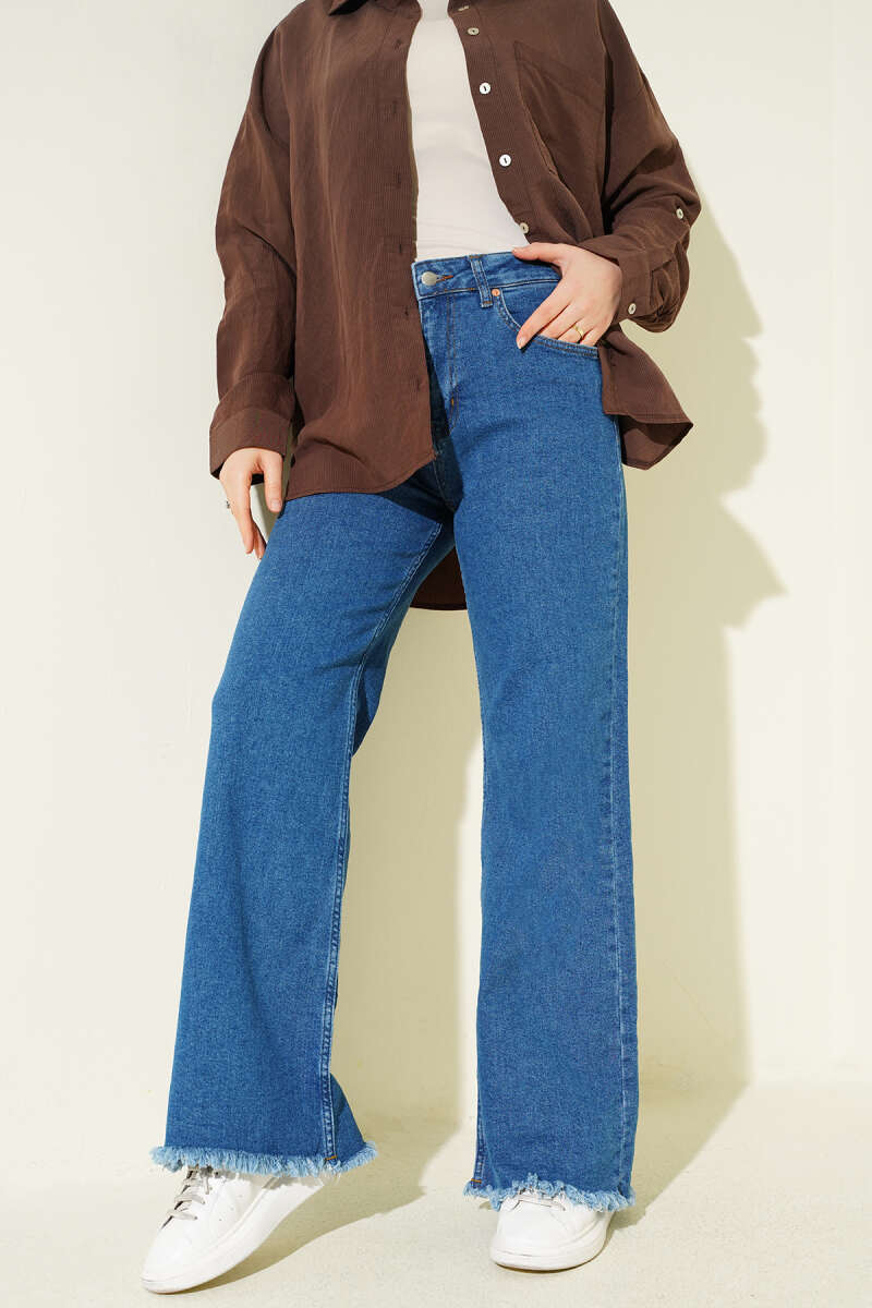 Fringed Hem Denim Pants Medium Blue