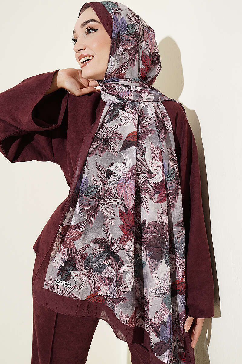 Colorful Leaf Pattern French Terry Shawl Burgundy
