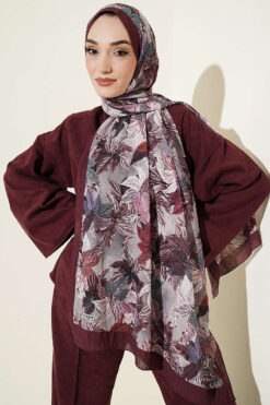 Alternative view of Colorful Leaf Pattern French Terry Shawl Burgundy