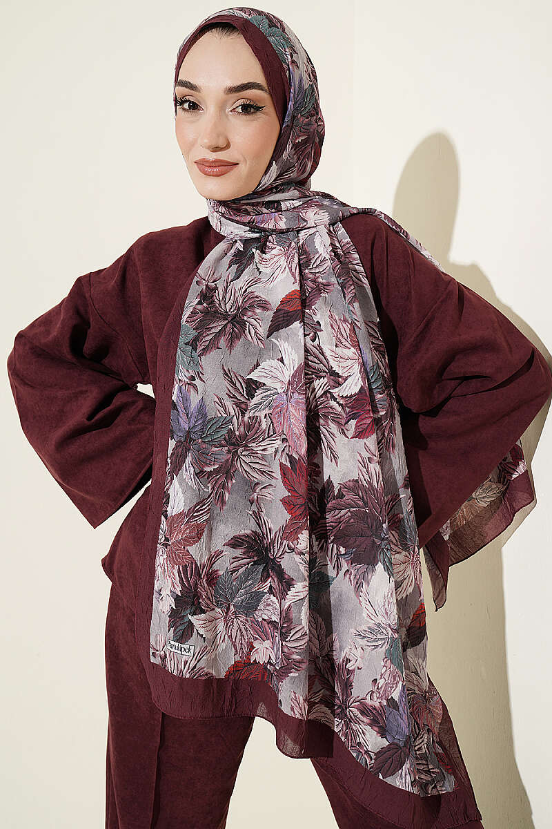 Colorful Leaf Pattern French Terry Shawl Burgundy - Image 2