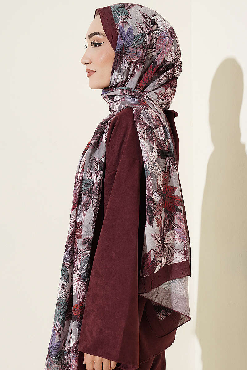 Colorful Leaf Pattern French Terry Shawl Burgundy - Image 3