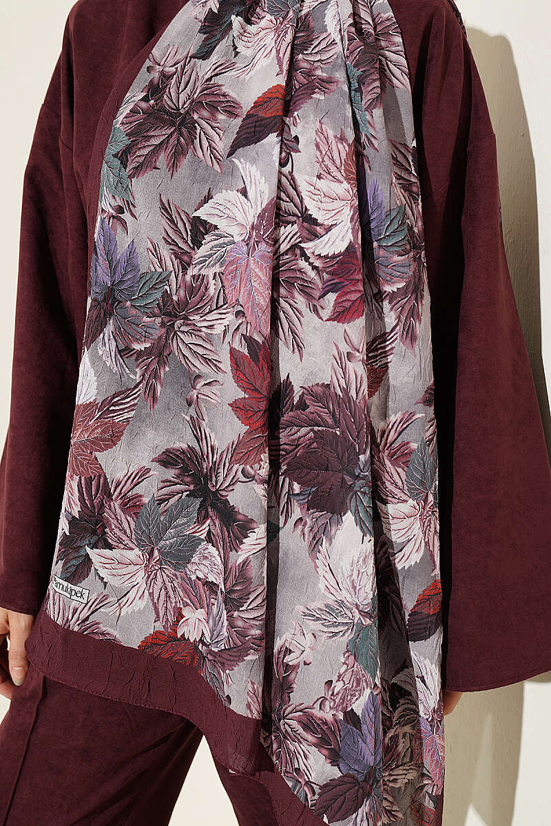 Colorful Leaf Pattern French Terry Shawl Burgundy - Image 4