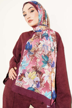 Alternative view of Colorful Leaf Pattern French Terry Shawl Plum