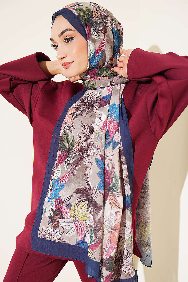 Colorful Leaf Pattern French Terry Shawl Parliament Blue – Image 2