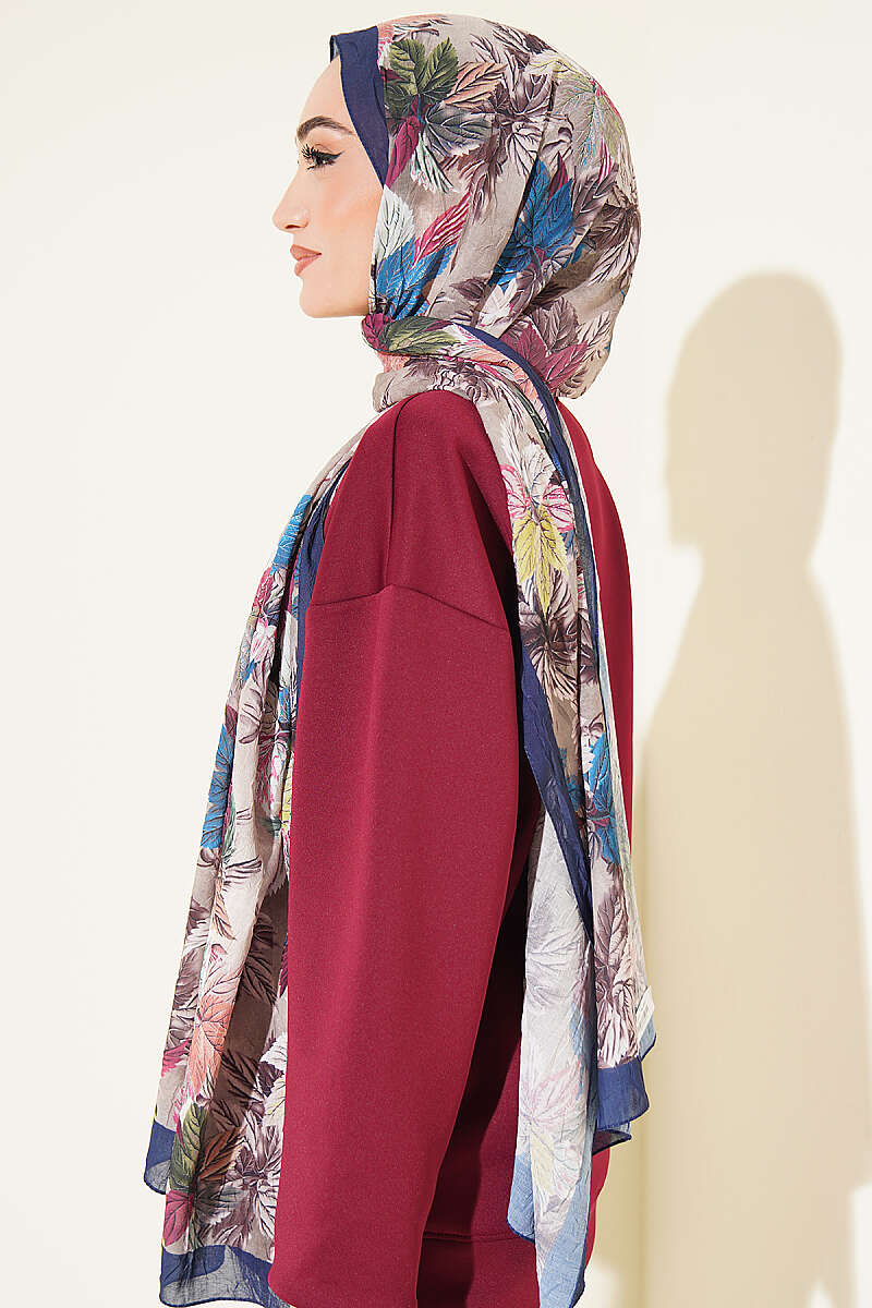 Colorful Leaf Pattern French Terry Shawl Parliament Blue – Image 3