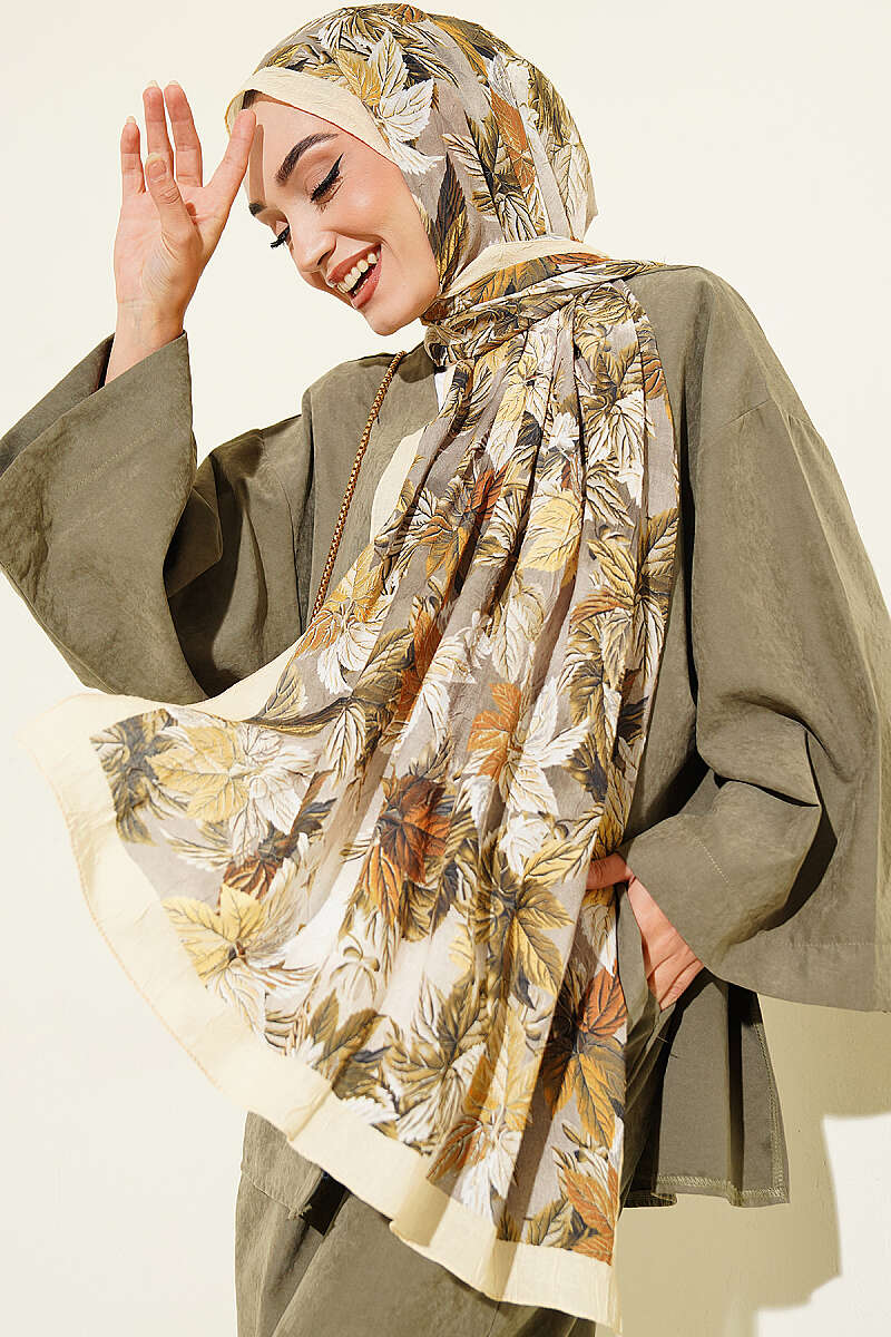 Colorful Leaf Pattern French Terry Shawl Yellow